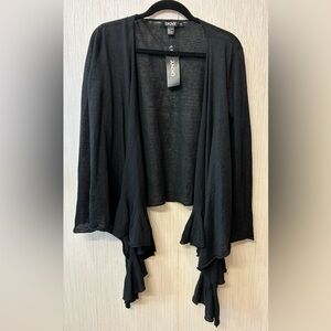 NWT DKNY Black 100% Linen Draped Waterfall Ruffle Cardigan P/S Petite Small